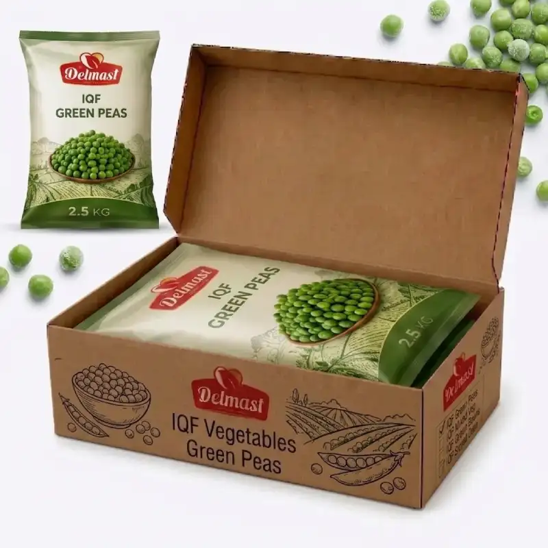 Flexible Packaging Options for Bulk & Private Label We understand that different markets and supply chains have unique demands. As a trusted Frozen Green Peas Supplier and global IQF Green Peas Exporter, we offer durable, standard packaging solutions designed to protect product quality from our facilities all the way to your warehouse: Retail & Foodservice Ready (10 kg Carton): Contains 4 individual 2.5 kg bags per box. Ideal for distributors, restaurants, and commercial kitchens that need easy handling, portion control, and convenient storage. Bulk Industrial Packaging (10 kg Loose): Packed in a single 10 kg bag per carton. Perfect for large-scale food processors and manufacturers looking for efficient, ready-to-use bulk quantities of high-grade IQF Green Peas. iqf green peas packaging